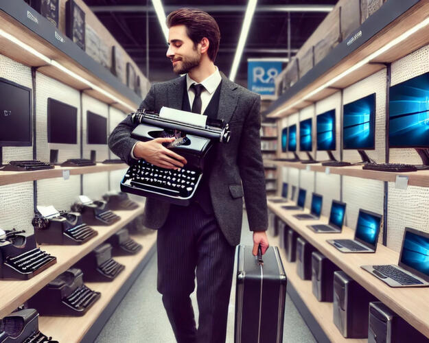 Man buying typewriter in the age of computers