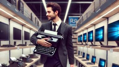 Man with typewriter in the digital age