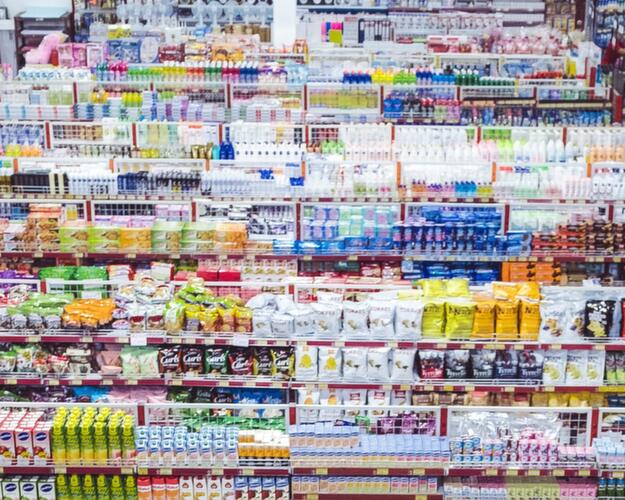 Rows of supermarket shelves
