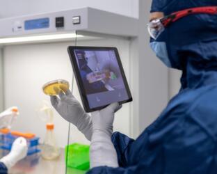 Laboratory technicians scanning environmental monitoring plate with tablet