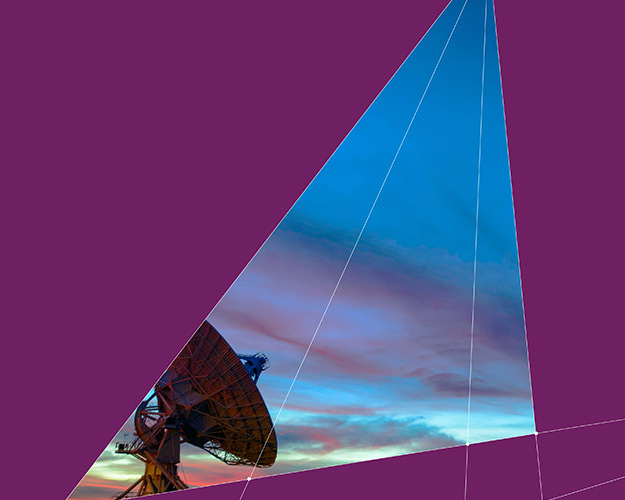 Graphic containing image of a large receiver dish