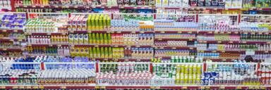 Rows of supermarket shelves