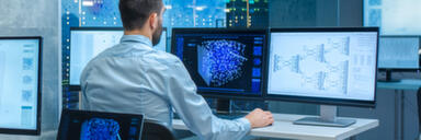 Worker sitting at desk in front of row of monitors