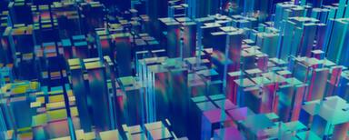 Abstract, multi-coloured image of 3D forms, similar to a cityscape