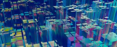 Our guide to artificial intelligence and big data Abstract, multi-coloured image of 3D forms, similar to a cityscape