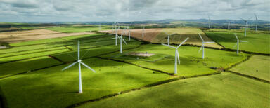 Panorama view of a windfarm in the countryside